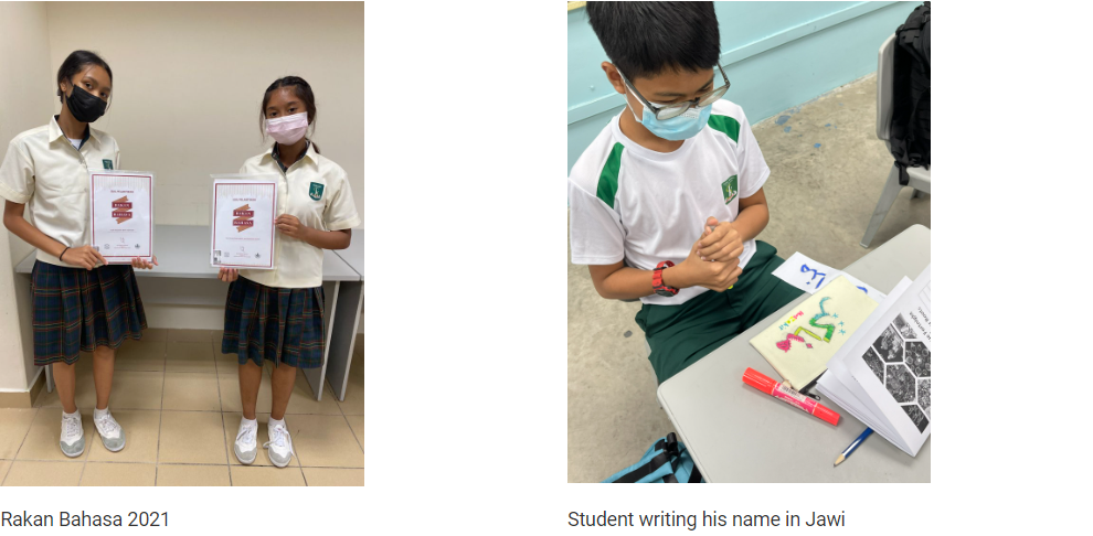 Two masked students hold certificates; a masked boy writes his name in Jawi script at a desk.